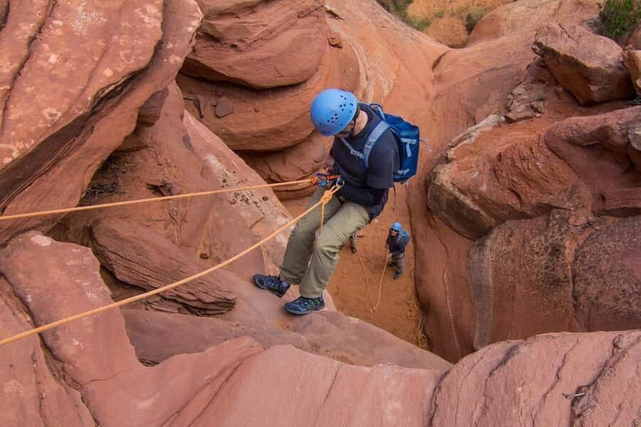 From Moab: Rock of Ages Moderate Rappelling Obstacle Course - From Moab pickup to 4x4 tires in Pritchett Canyon